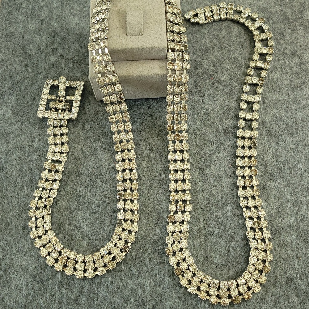 Vintage 33" Rhinestone Belt Silver Tone Wide Multi 3- Row Statement Buckle